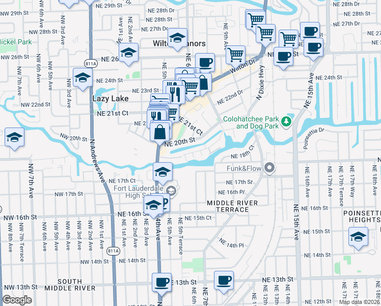 map of restaurants, bars, coffee shops, grocery stores, and more near 635 Kensington Place in Wilton Manors