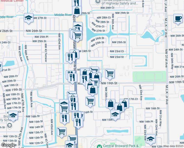 map of restaurants, bars, coffee shops, grocery stores, and more near 3850 Northwest 21st Street in Lauderdale Lakes