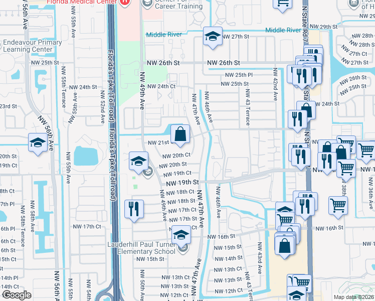 map of restaurants, bars, coffee shops, grocery stores, and more near 2070 Northwest 47th Terrace in Lauderhill