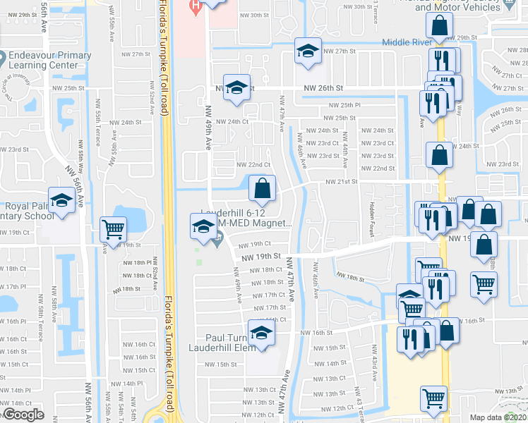 map of restaurants, bars, coffee shops, grocery stores, and more near in Lauderhill