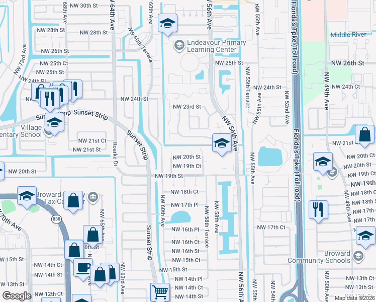 map of restaurants, bars, coffee shops, grocery stores, and more near 2020 Northwest 59th Terrace in Lauderhill