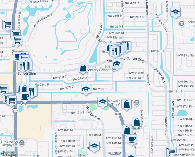 map of restaurants, bars, coffee shops, grocery stores, and more near 2110 Northwest 73rd Avenue in Sunrise