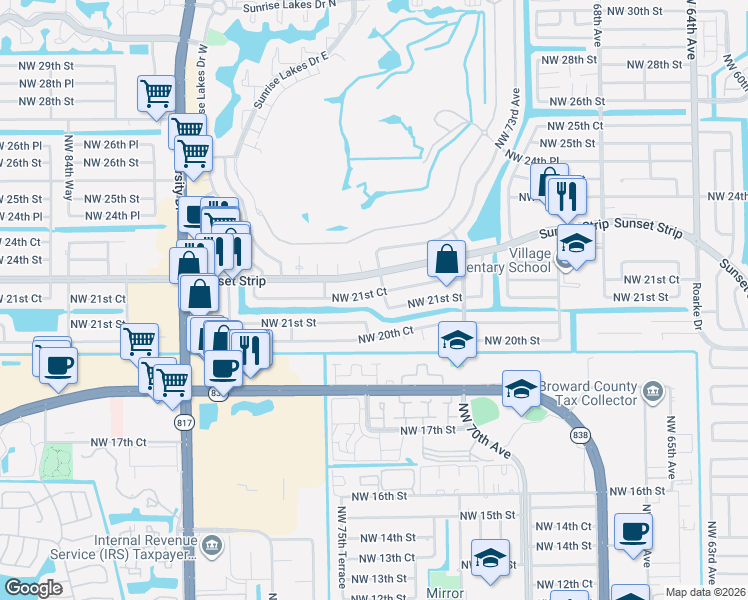 map of restaurants, bars, coffee shops, grocery stores, and more near 7699 Northwest 21st Court in Sunrise