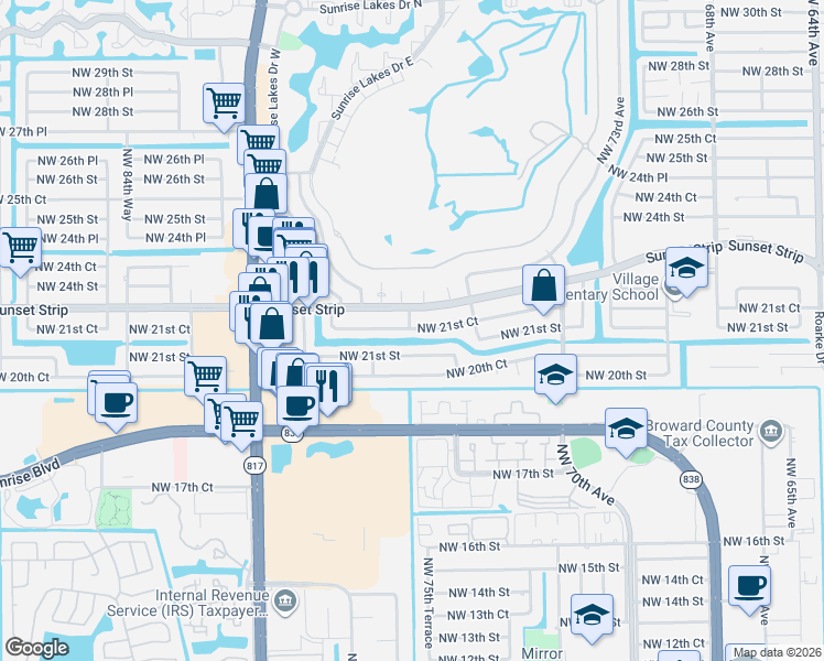 map of restaurants, bars, coffee shops, grocery stores, and more near 8020 Northwest 21st Court in Sunrise