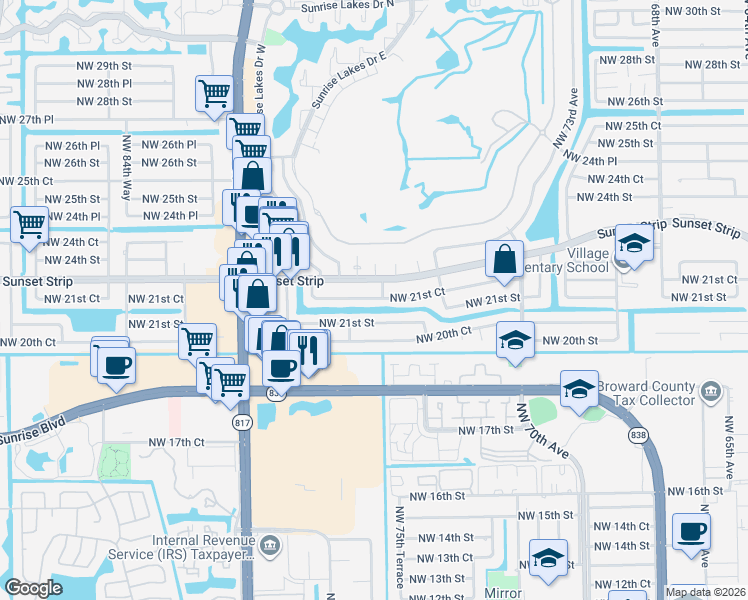 map of restaurants, bars, coffee shops, grocery stores, and more near 8020 Northwest 21st Court in Sunrise
