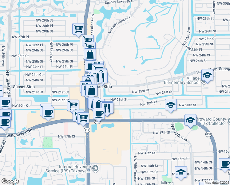 map of restaurants, bars, coffee shops, grocery stores, and more near 8110 Sunset Strip in Sunrise