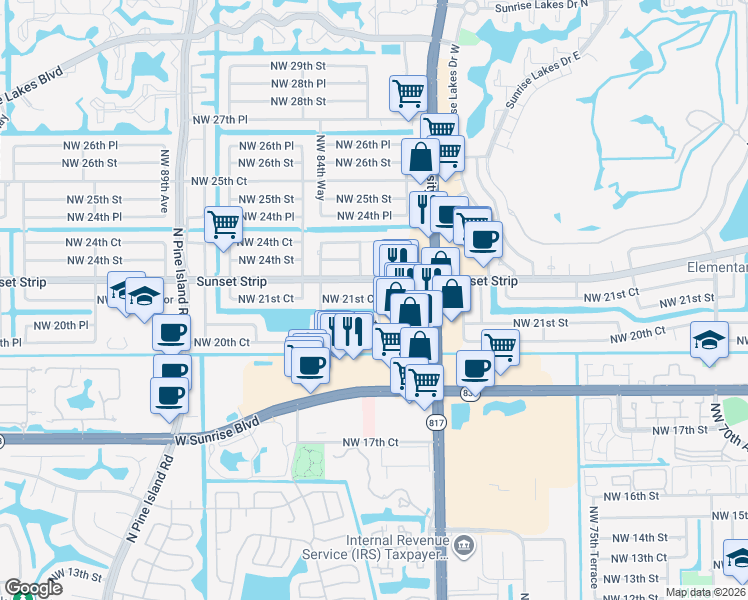 map of restaurants, bars, coffee shops, grocery stores, and more near 8380 Sunset Strip in Sunrise