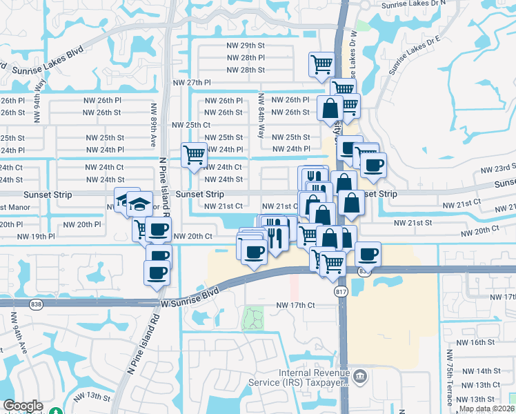 map of restaurants, bars, coffee shops, grocery stores, and more near 8480 Sunset Strip in Sunrise