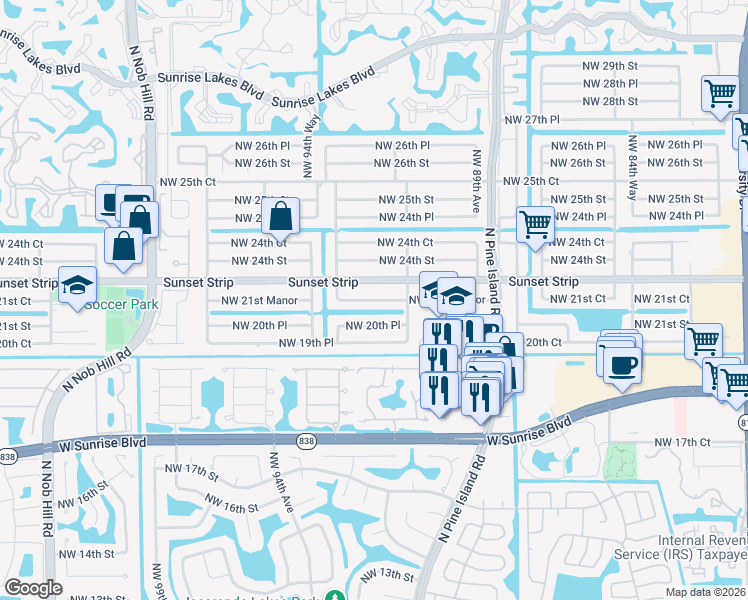 map of restaurants, bars, coffee shops, grocery stores, and more near 9200 Sunset Strip in Sunrise