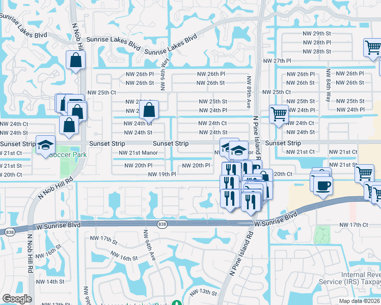 map of restaurants, bars, coffee shops, grocery stores, and more near 9340 Sunset Strip in Sunrise