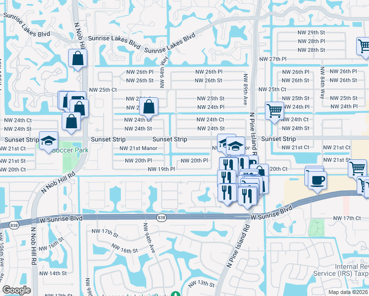 map of restaurants, bars, coffee shops, grocery stores, and more near 9340 Sunset Strip in Sunrise
