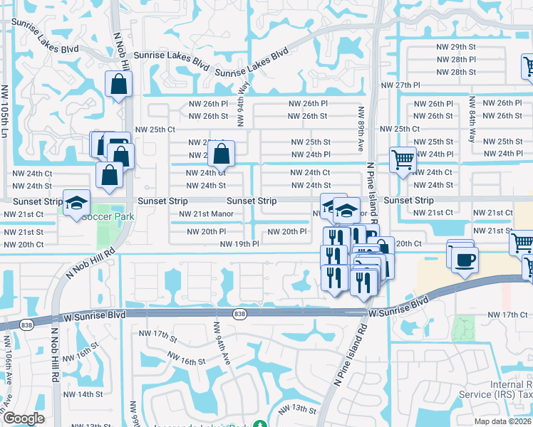 map of restaurants, bars, coffee shops, grocery stores, and more near 9340 Sunset Strip in Sunrise