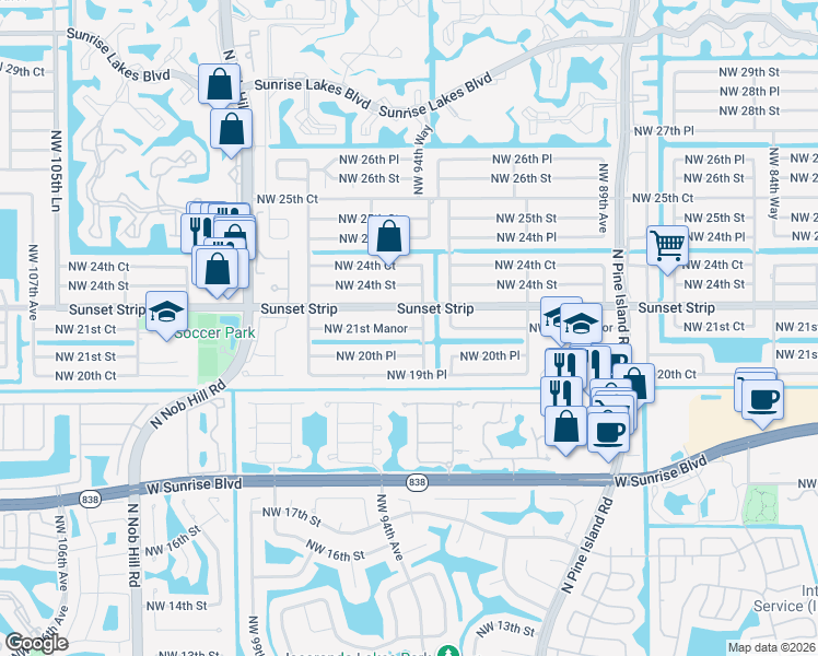 map of restaurants, bars, coffee shops, grocery stores, and more near 9490 Sunset Strip in Sunrise
