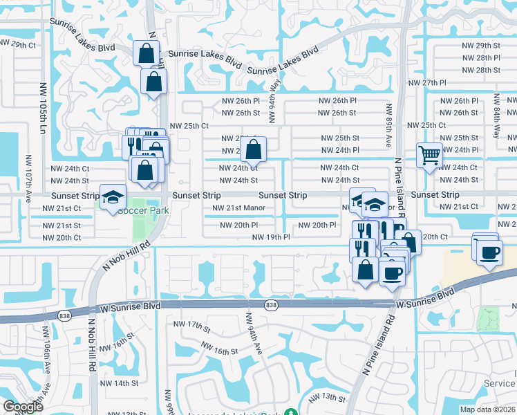 map of restaurants, bars, coffee shops, grocery stores, and more near 9490 Sunset Strip in Sunrise