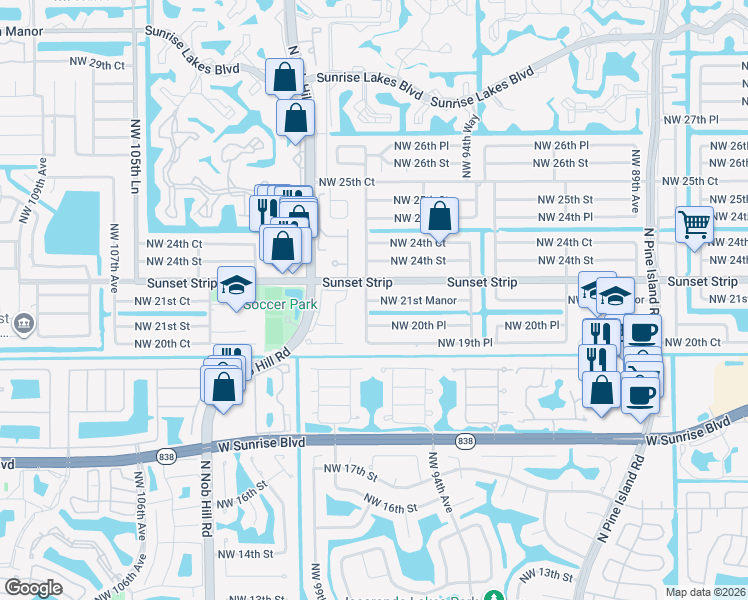 map of restaurants, bars, coffee shops, grocery stores, and more near 9770 Sunset Strip in Sunrise