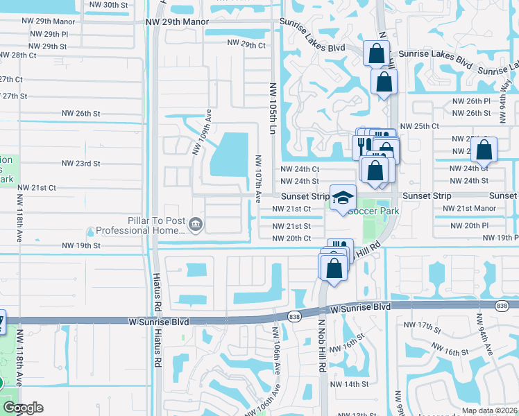 map of restaurants, bars, coffee shops, grocery stores, and more near 10640 Sunset Strip in Sunrise