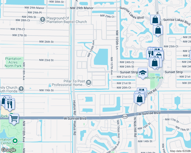 map of restaurants, bars, coffee shops, grocery stores, and more near 10781 Northwest 21st Court in Sunrise