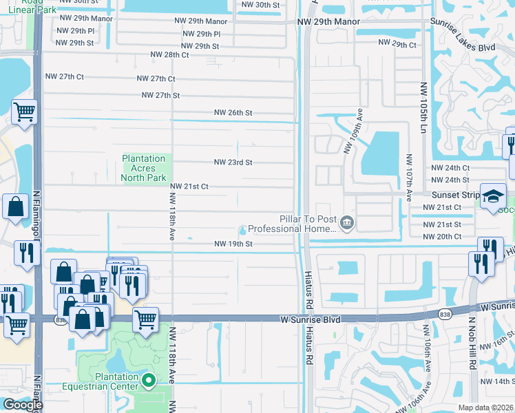 map of restaurants, bars, coffee shops, grocery stores, and more near 11460 Northwest 21st Court in Plantation