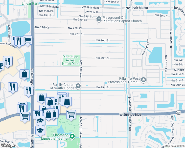 map of restaurants, bars, coffee shops, grocery stores, and more near 11600 Northwest 21st Street in Plantation
