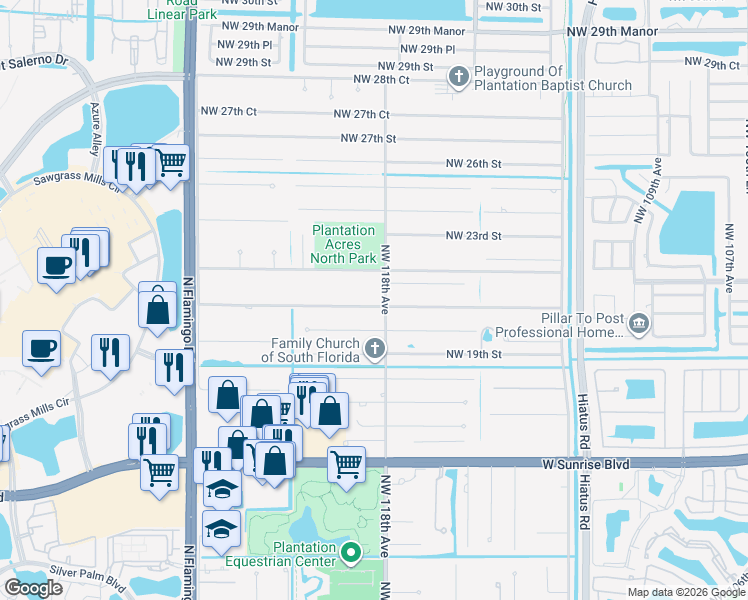 map of restaurants, bars, coffee shops, grocery stores, and more near 11830 Northwest 21st Court in Plantation