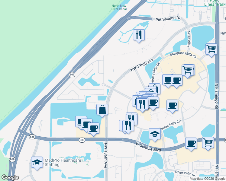 map of restaurants, bars, coffee shops, grocery stores, and more near 2089 Northwest 136th Avenue in Sunrise