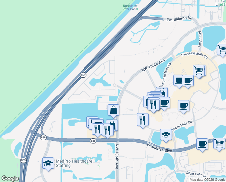 map of restaurants, bars, coffee shops, grocery stores, and more near 13709 Northwest 22nd Place in Sunrise