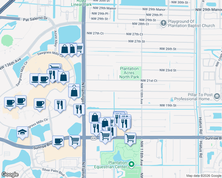 map of restaurants, bars, coffee shops, grocery stores, and more near 12100 Northwest 21st Court in Plantation
