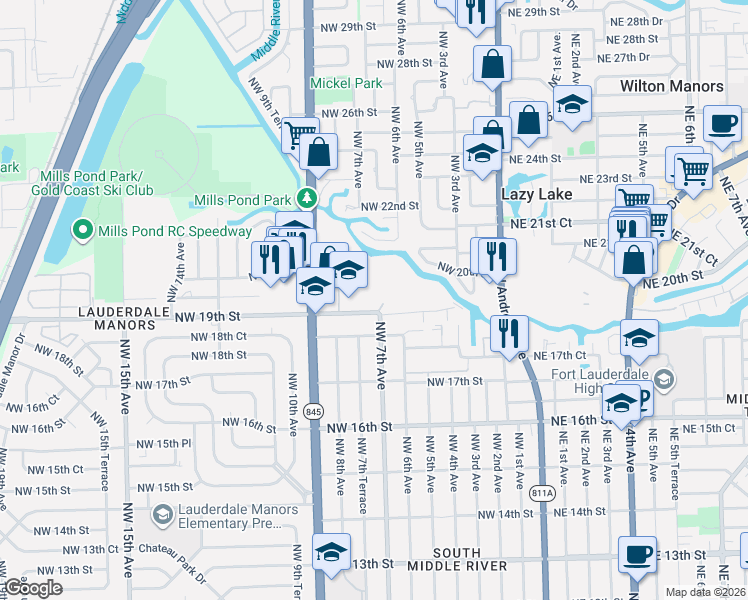 map of restaurants, bars, coffee shops, grocery stores, and more near 745 Northwest 19th Street in Fort Lauderdale