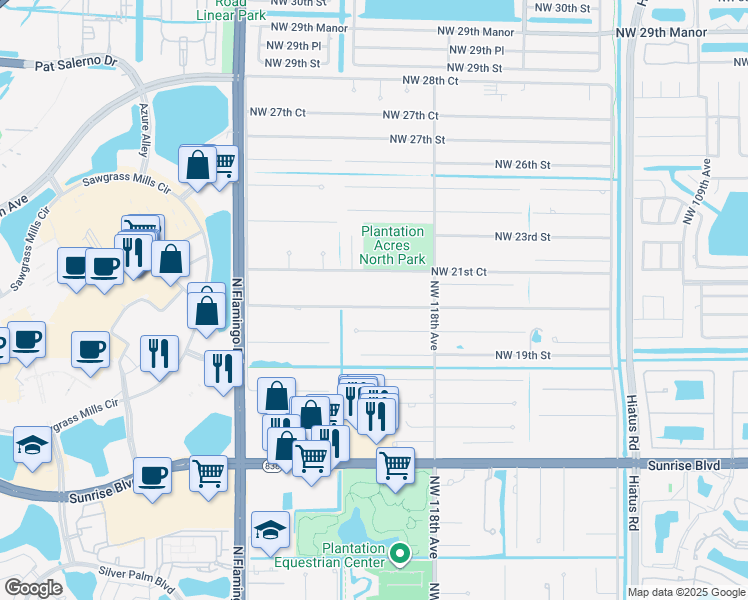 map of restaurants, bars, coffee shops, grocery stores, and more near 12031 Northwest 20th Court in Plantation