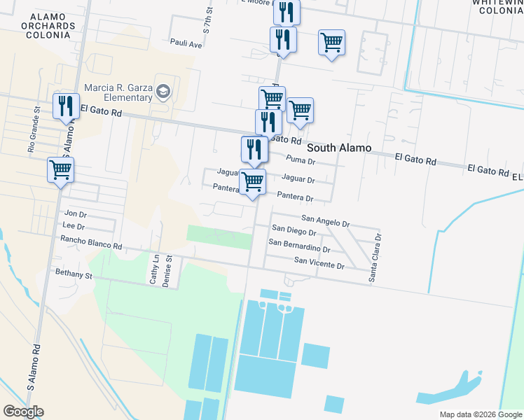 map of restaurants, bars, coffee shops, grocery stores, and more near 2406 South Tower Road in Alamo