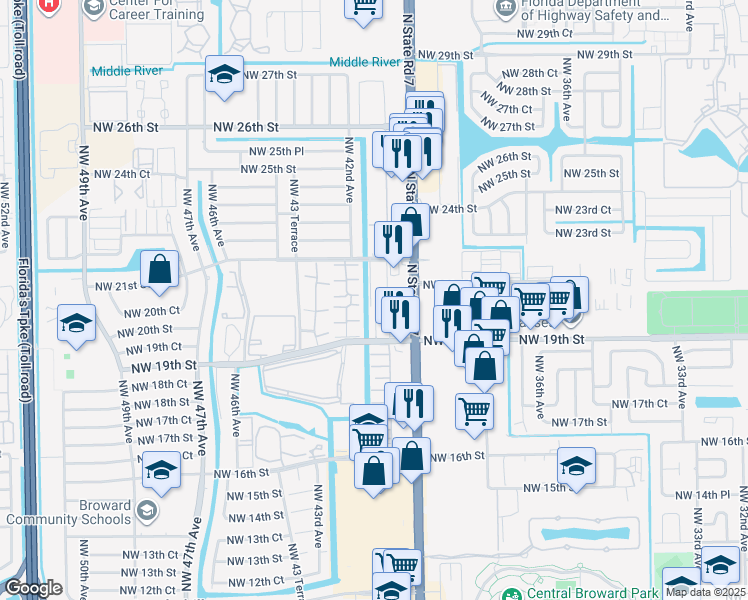 map of restaurants, bars, coffee shops, grocery stores, and more near 4240 Northwest 21st Street in Lauderhill
