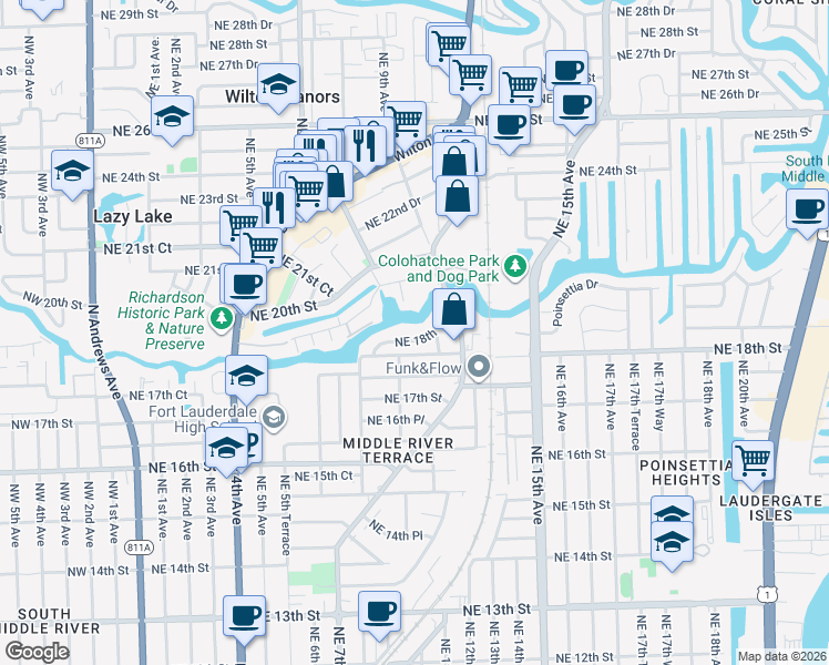 map of restaurants, bars, coffee shops, grocery stores, and more near 901 Northeast 18th Court in Fort Lauderdale