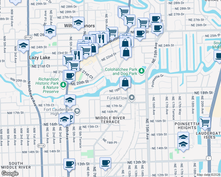 map of restaurants, bars, coffee shops, grocery stores, and more near 837 Northeast 18th Court in Fort Lauderdale