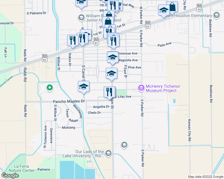 map of restaurants, bars, coffee shops, grocery stores, and more near 100 Lions Lane in La Feria