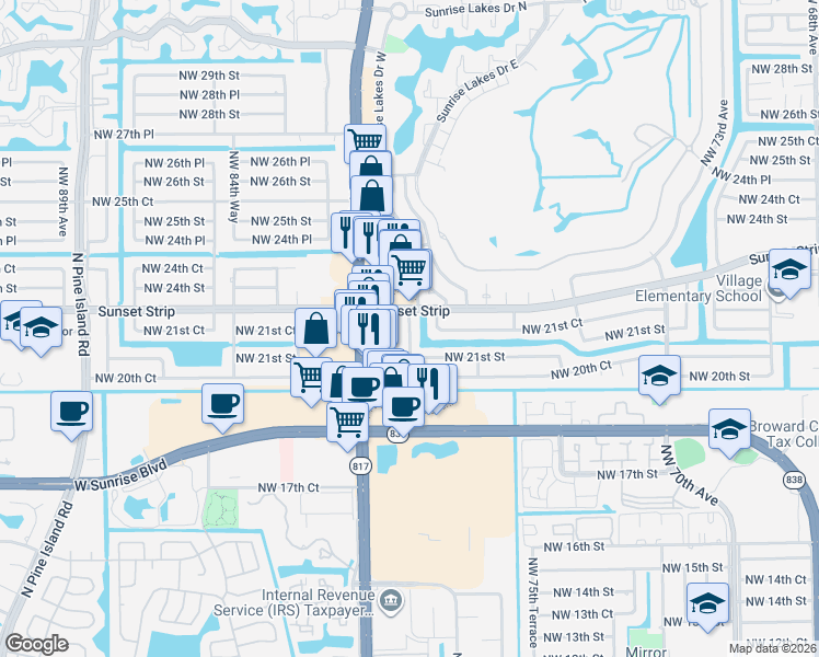 map of restaurants, bars, coffee shops, grocery stores, and more near 2179 Northwest 81st Terrace in Sunrise