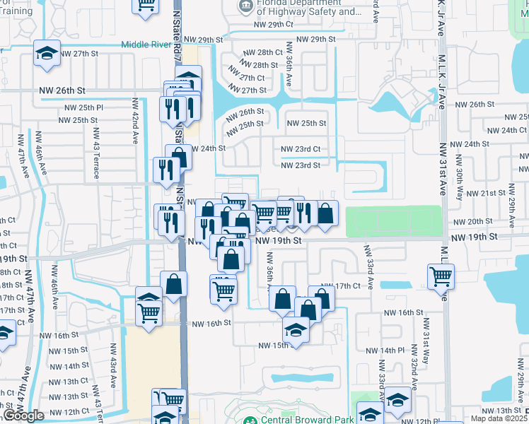 map of restaurants, bars, coffee shops, grocery stores, and more near 3700 Northwest 21st Street in Lauderdale Lakes