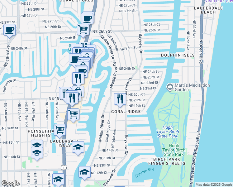 map of restaurants, bars, coffee shops, grocery stores, and more near 2100 Middle River Drive in Fort Lauderdale