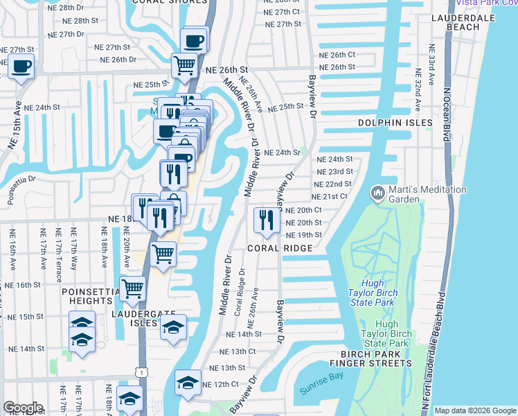 map of restaurants, bars, coffee shops, grocery stores, and more near 2100 Middle River Drive in Fort Lauderdale