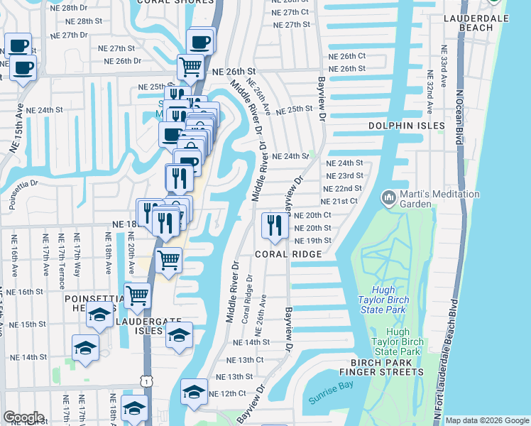 map of restaurants, bars, coffee shops, grocery stores, and more near 2100 Middle River Drive in Fort Lauderdale