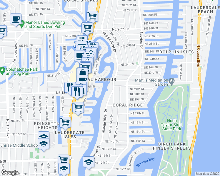 map of restaurants, bars, coffee shops, grocery stores, and more near 2100 Middle River Drive in Fort Lauderdale