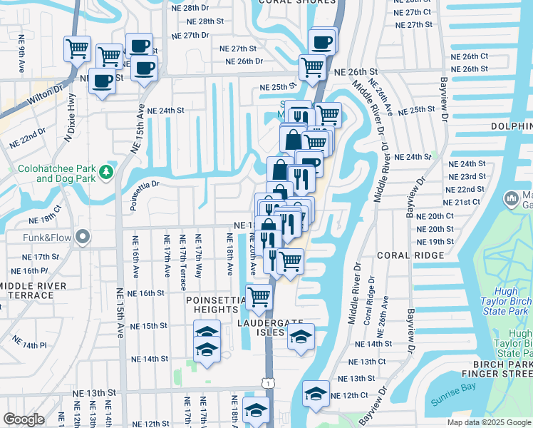 map of restaurants, bars, coffee shops, grocery stores, and more near 1900 Northeast 20th Avenue in Fort Lauderdale
