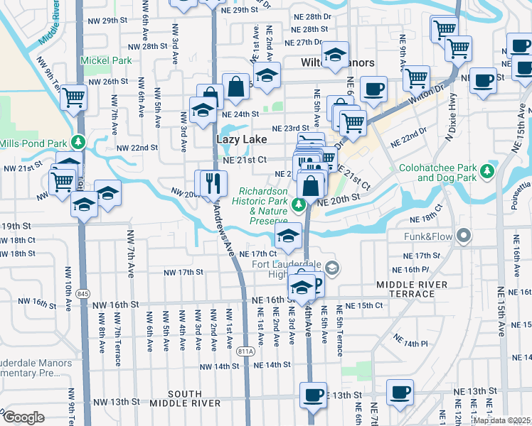 map of restaurants, bars, coffee shops, grocery stores, and more near 1930 Northeast 2nd Avenue in Wilton Manors