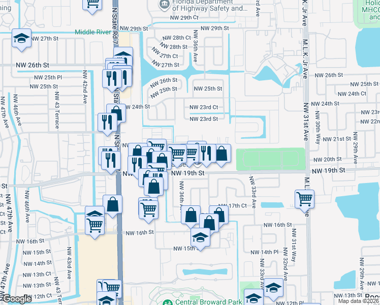 map of restaurants, bars, coffee shops, grocery stores, and more near 3700 Northwest 21st Street in Lauderdale Lakes