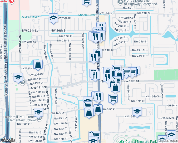 map of restaurants, bars, coffee shops, grocery stores, and more near 4240 Northwest 21st Street in Lauderhill