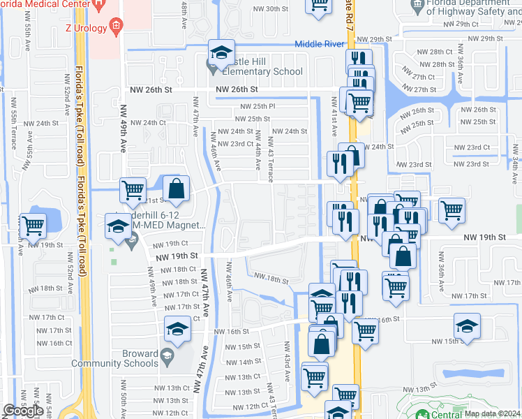 map of restaurants, bars, coffee shops, grocery stores, and more near 2041 Northwest 43 Terrace in Lauderhill
