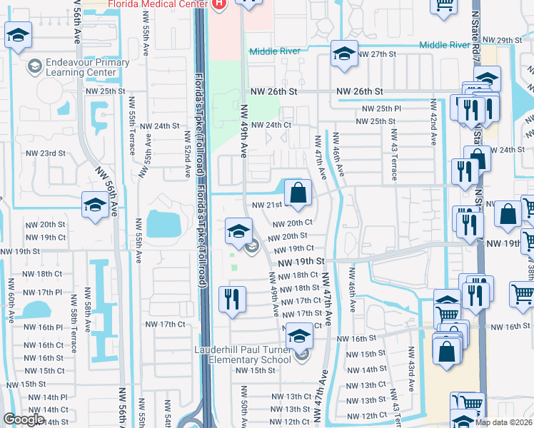 map of restaurants, bars, coffee shops, grocery stores, and more near 4830 Northwest 21st Street in Lauderhill