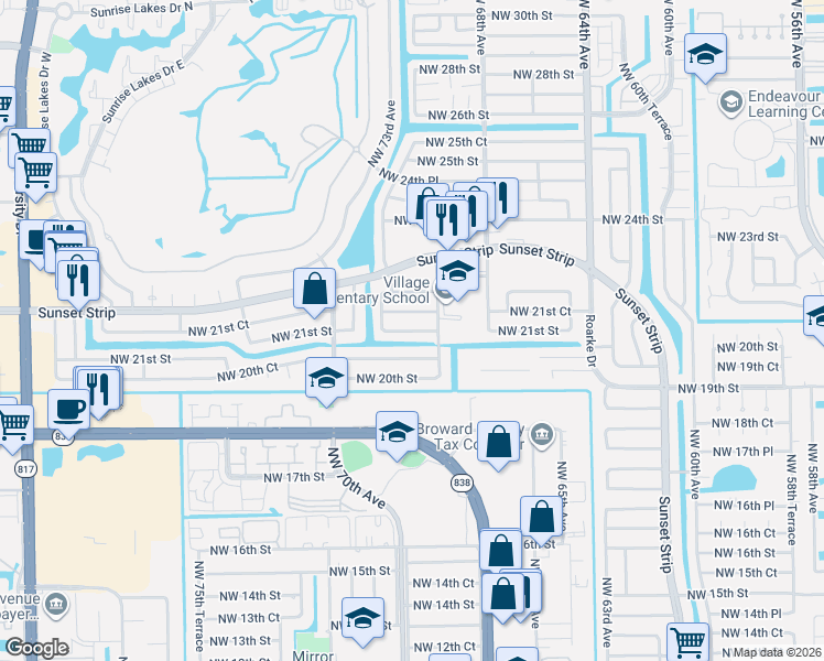 map of restaurants, bars, coffee shops, grocery stores, and more near 7170 Northwest 21st Court in Sunrise
