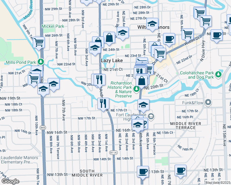 map of restaurants, bars, coffee shops, grocery stores, and more near 1930 Northeast 2nd Avenue in Wilton Manors