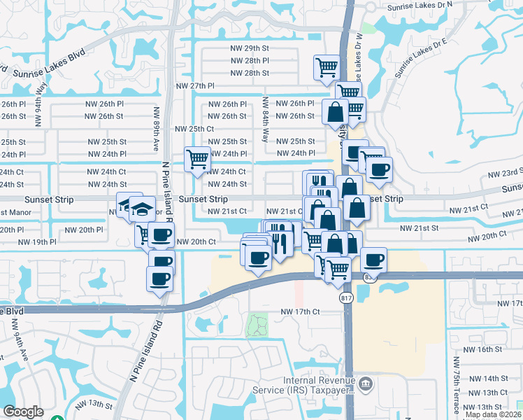 map of restaurants, bars, coffee shops, grocery stores, and more near 8480 Sunset Strip in Sunrise