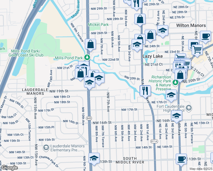 map of restaurants, bars, coffee shops, grocery stores, and more near 721 Northwest 19th Street in Fort Lauderdale